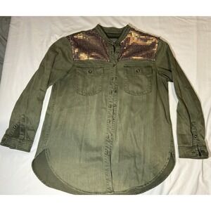 Anthropologie Henley Top Women's 10 Green Sequin‎ Button Up Long Sleeve Western